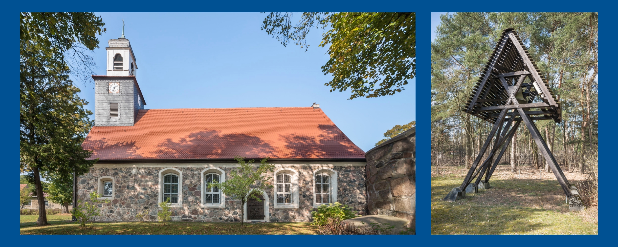 Dorfkirche Schenkendorf und Glockenturm Zeesen von außen